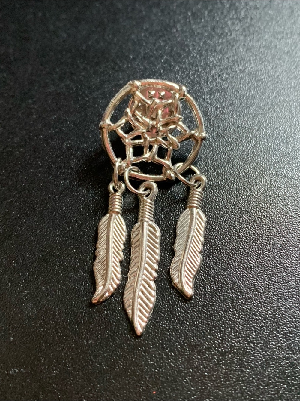 Silver Tone Metal Dreamcatcher Feather Dangle Brooch Pin